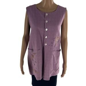 Blue Fish Vintage Purple Linen Hand Painted Birds Sleeveless Vest Top